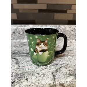 Keith Kimberlin Green Mug Tabby Cat With Bubbles For Coffee Tea